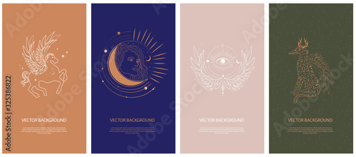 Set of mythology and mystical illustrations for Mobile App, Landing page, Web design in hand drawn style. Mythical creature, esoteric and boho minimalistic objects one line style. Vector illustration