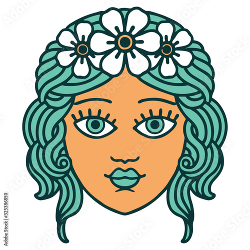 tattoo style icon of female face with crown of flowers