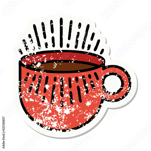 traditional distressed sticker tattoo of cup of coffee