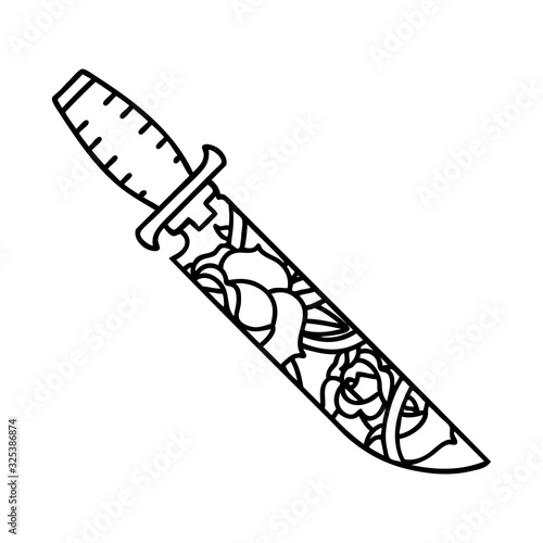 black line tattoo of a dagger and flowers