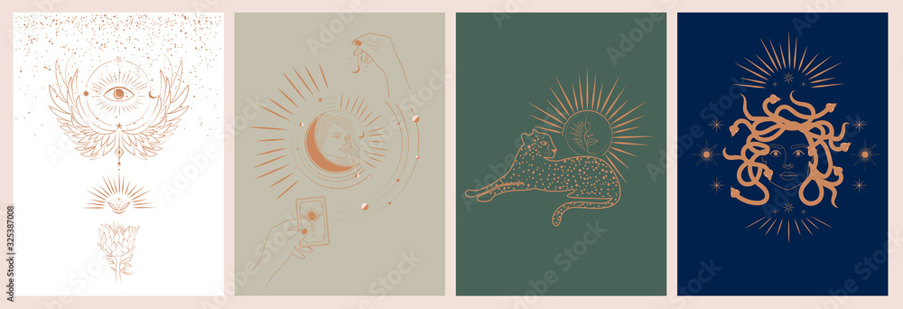 Collection of mythology and mystical illustrations in hand drawn style. fantasy animals, mythical creature, esoteric and boho objects, woman and moon, snake and evil eye. Vector Illustration Collection of mythology and mystical illustrations in hand drawn style. fantasy animals, mythical creature, esoteric and boho objects, woman and moon, snake and evil eye. Vector Illustration
