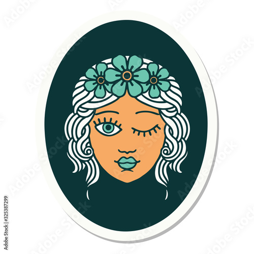 tattoo style sticker of a maiden with crown of flowers winking