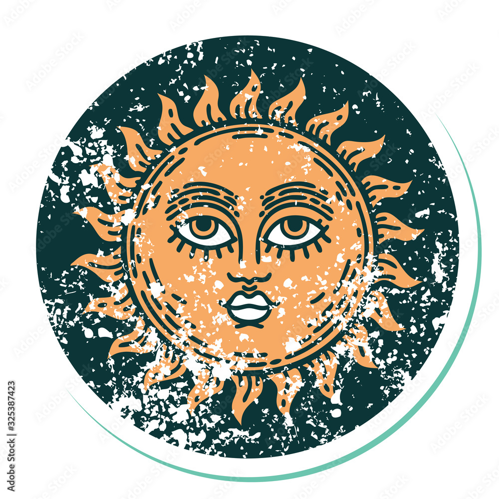 distressed sticker tattoo style icon of a sun with face distressed sticker tattoo style icon of a sun with face