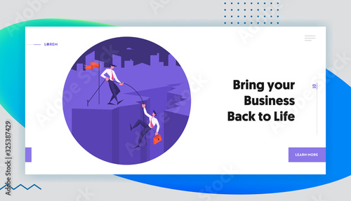 Assistance, Team Work Cooperation Website Landing Page. Business Man Climbing on Mountain Peak from Cleft Bottom, Leader Pull Colleague with Rope Web Page Banner. Cartoon Flat Vector Illustration