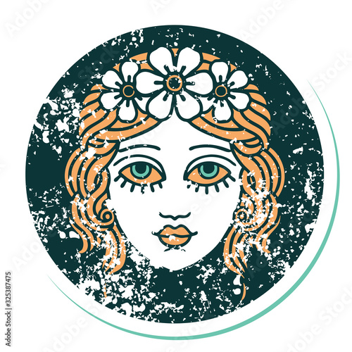 distressed sticker tattoo style icon of female face with crown of flowers