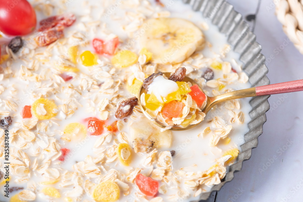 All kinds of fruit cereal are appetizing All kinds of fruit cereal are appetizing