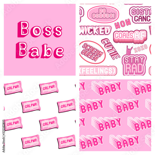 Set of 3 girly seamless patterns and vector card "Boss Babe". Pink feminine backgrounds with text patches: "Baby", "Girl power", etc.