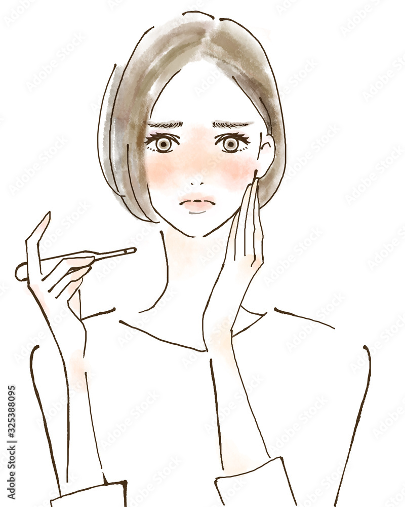 風邪 熱 体温を測る女性 体調不良の水彩風イラスト Stock Illustration Adobe Stock