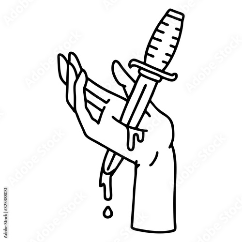 black line tattoo of a dagger in the hand
