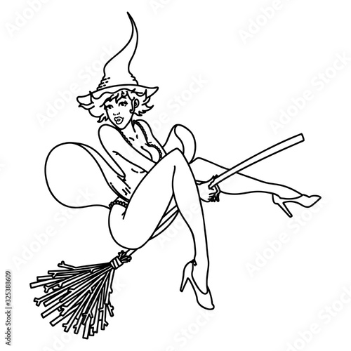 black line tattoo of a pinup witch