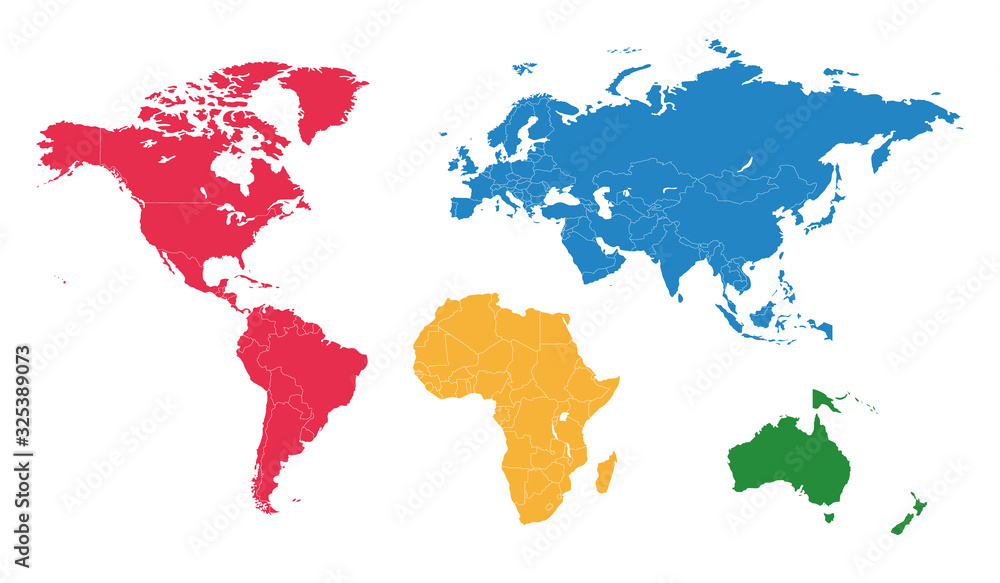 Detailed world map divided into continents and countries. Color world map isolated on white background.