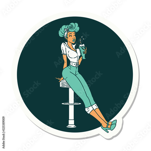 tattoo style sticker of a pinup girl drinking a milkshake