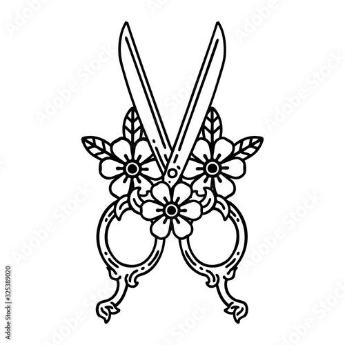 black line tattoo of a barber scissors and flowers