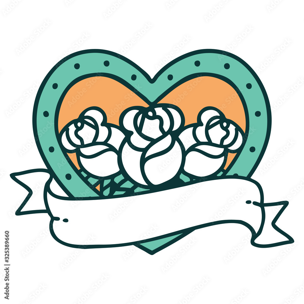 tattoo style icon of a heart and banner with flowers tattoo style icon of a heart and banner with flowers