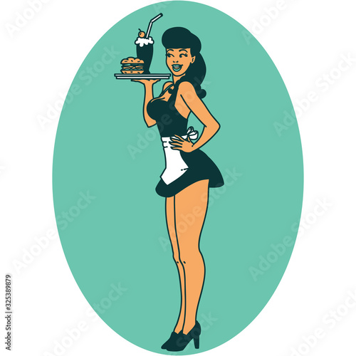 tattoo style icon of a pinup waitress girl