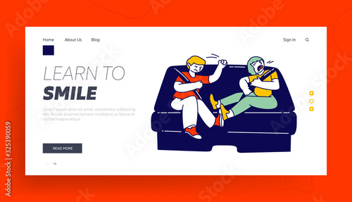 Little Boys Quarrel and Fight Website Landing Page. Naughty Hyperactive Children Fighting and Arguing, Aggressive Little Kids Baby Behaviour Web Page Banner. Cartoon Flat Vector Illustration, Line Art