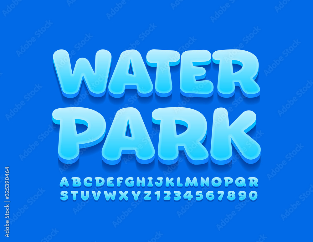 Vector blue sign Water Park with Happy Modern Font. Trendy Alphabet Letters and Numbers