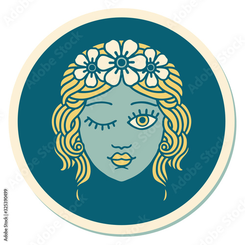 tattoo style sticker of a maidens face winking