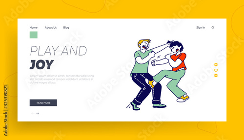Hyperactive Children Fighting Website Landing Page. Naughty Boys Playing, Fooling, Making Mess, Fight Around, Aggressive Behaviour, Quarrel Web Page Banner. Cartoon Flat Vector Illustration Line Art