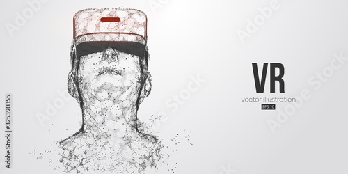 VR headset holographic low poly wireframe vector banner. Polygonal man wearing virtual reality glasses, helmet. VR games playing. Particles, dots, lines, triangles on white background. Vector