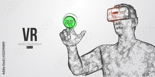 VR online shopping. Polygonal man wearing virtual reality glasses, helmet. VR headset holographic low poly wireframe vector banner. A man buys a goods and product in one click. White background vector