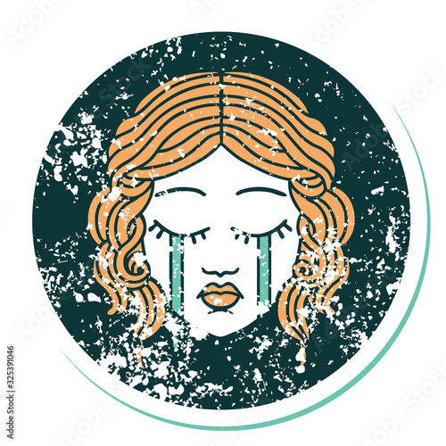 distressed sticker tattoo style icon of female face crying