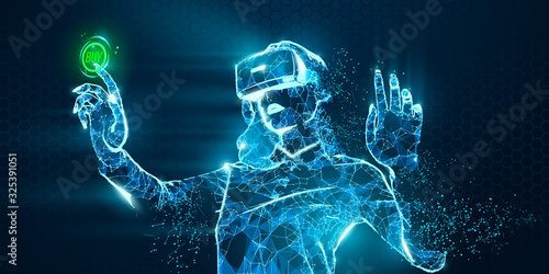 VR online shopping. Polygonal woman, girl wearing virtual reality glasses, helmet. VR headset holographic low poly wireframe vector banner. A woman buys a goods and product in one click. Neon vector