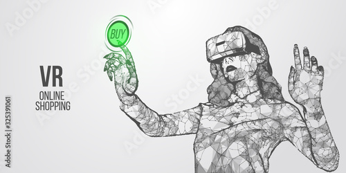 VR online shopping. Polygonal woman, girl wearing virtual reality glasses, helmet. VR headset holographic low poly wireframe vector banner. A woman buys a goods and product in one click. Vector