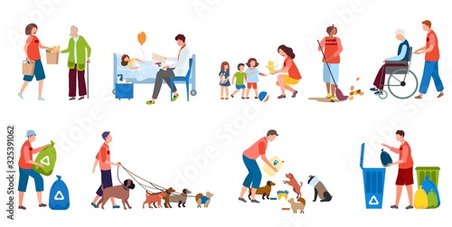 Volunteer helping people and animals, social service cartoon character, vector illustration. Set isolated on white, young volunteers help disabled people and sick children, feed dogs, recycle garbage