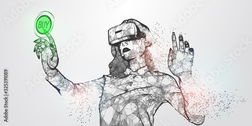 VR online shopping. Polygonal woman, girl wearing virtual reality glasses, helmet. VR headset holographic low poly wireframe vector banner. A woman buys a goods and product in one click. Vector