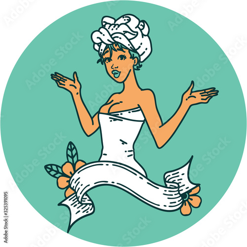 tattoo style icon of a pinup girl in towel with banner
