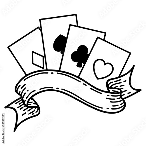 black line tattoo of cards and banner