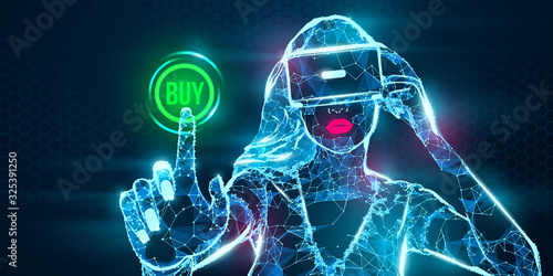 VR online shopping. Polygonal woman, girl wearing virtual reality glasses, helmet. VR headset holographic low poly wireframe vector banner. A woman buys a goods and product in one click. Neon vector