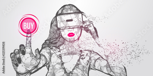 VR online shopping. Polygonal woman, girl wearing virtual reality glasses, helmet. VR headset holographic low poly wireframe vector banner. A woman buys a goods and product in one click. Vector