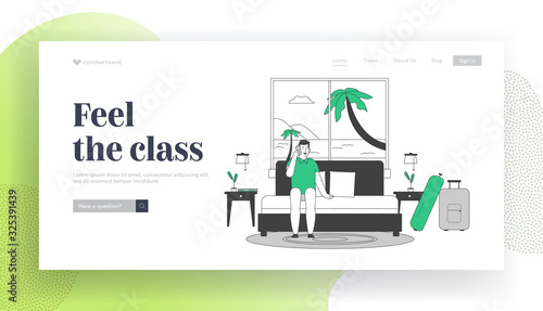 Summer Vacation on Resort Website Landing Page. Man Tourist Sit on Couch in Hotel Suit near Large Window with Seascape View with Palm Trees Web Page Banner. Cartoon Flat Vector Illustration, Line Art