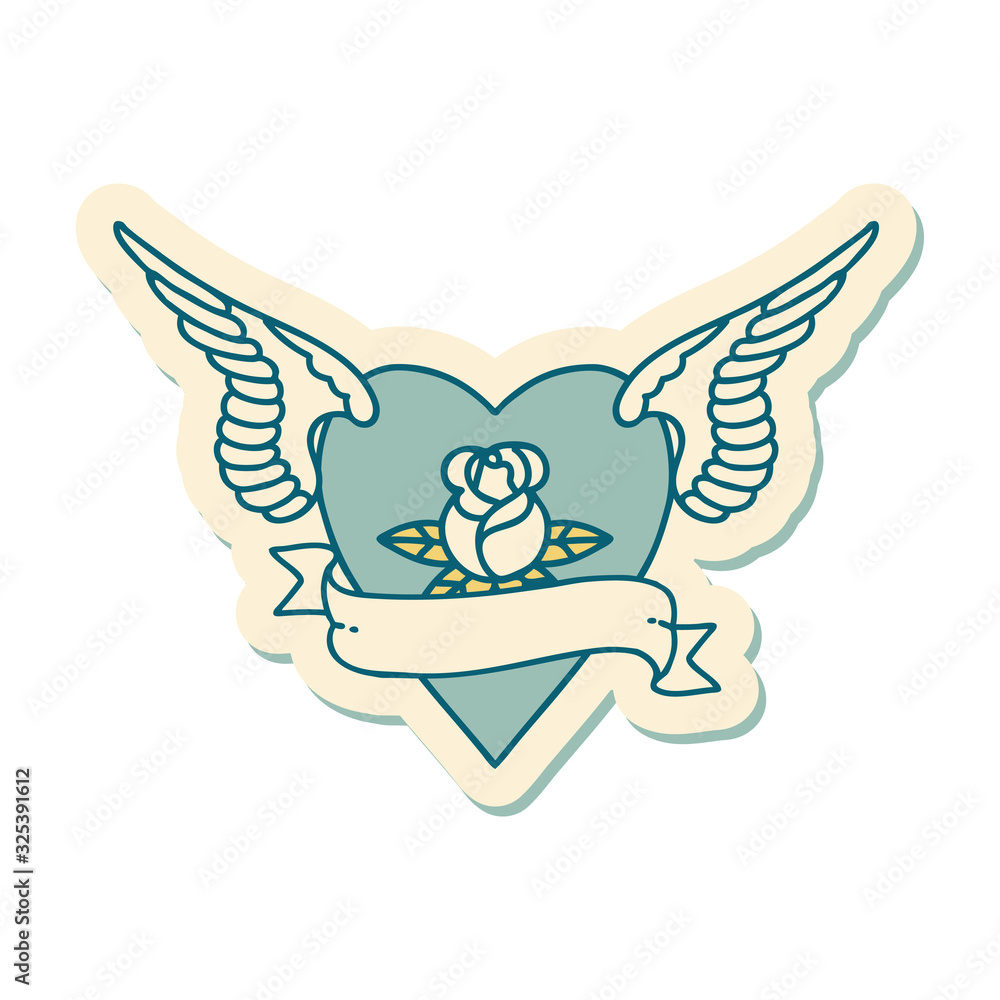 tattoo style sticker of a heart with wings a rose and banner tattoo style sticker of a heart with wings a rose and banner