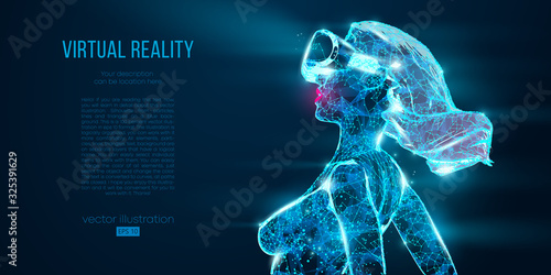 VR online shopping. Polygonal woman, girl wearing virtual reality glasses, helmet. VR headset holographic low poly wireframe vector banner. A woman buys a goods and product in one click. Neon vector