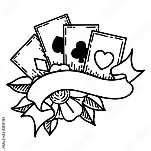 black line tattoo of cards and banner