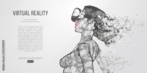 VR online shopping. Polygonal woman, girl wearing virtual reality glasses, helmet. VR headset holographic low poly wireframe vector banner. A woman buys a goods and product in one click. Vector