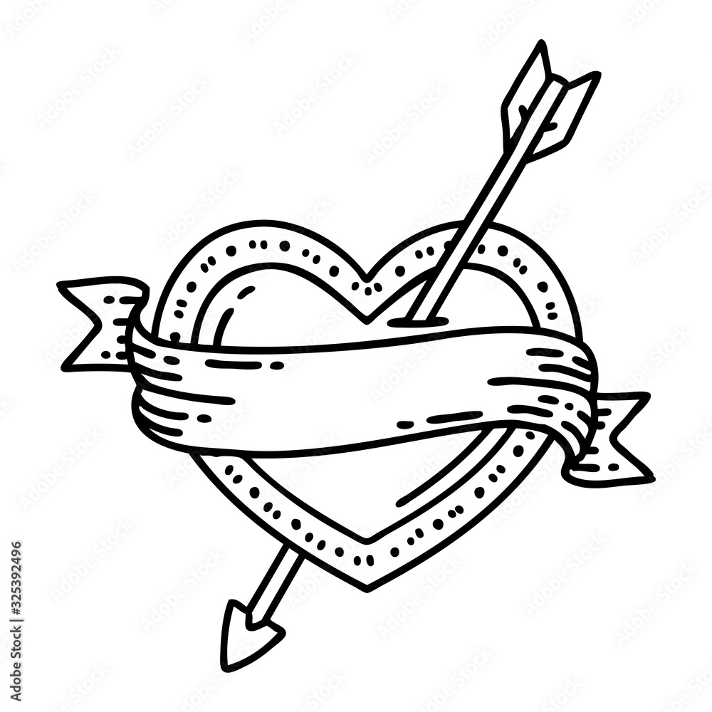 Fototapeta premium black line tattoo of an arrow heart and banner