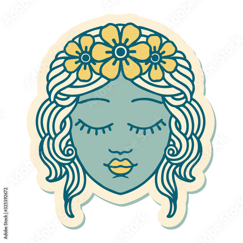 tattoo style sticker of a maidens face
