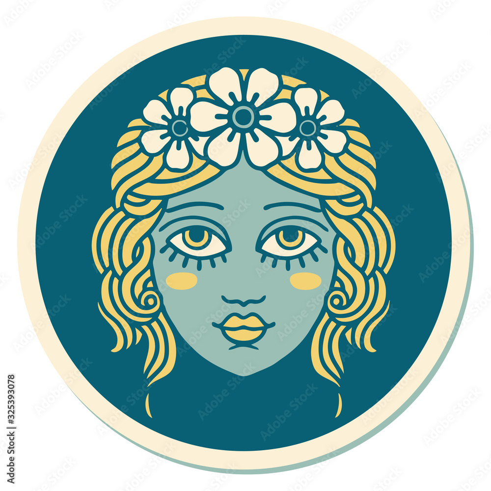 tattoo style sticker of female face with crown of flowers tattoo style sticker of female face with crown of flowers