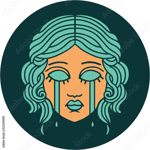 tattoo style icon of female face crying