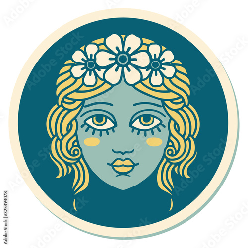tattoo style sticker of female face with crown of flowers