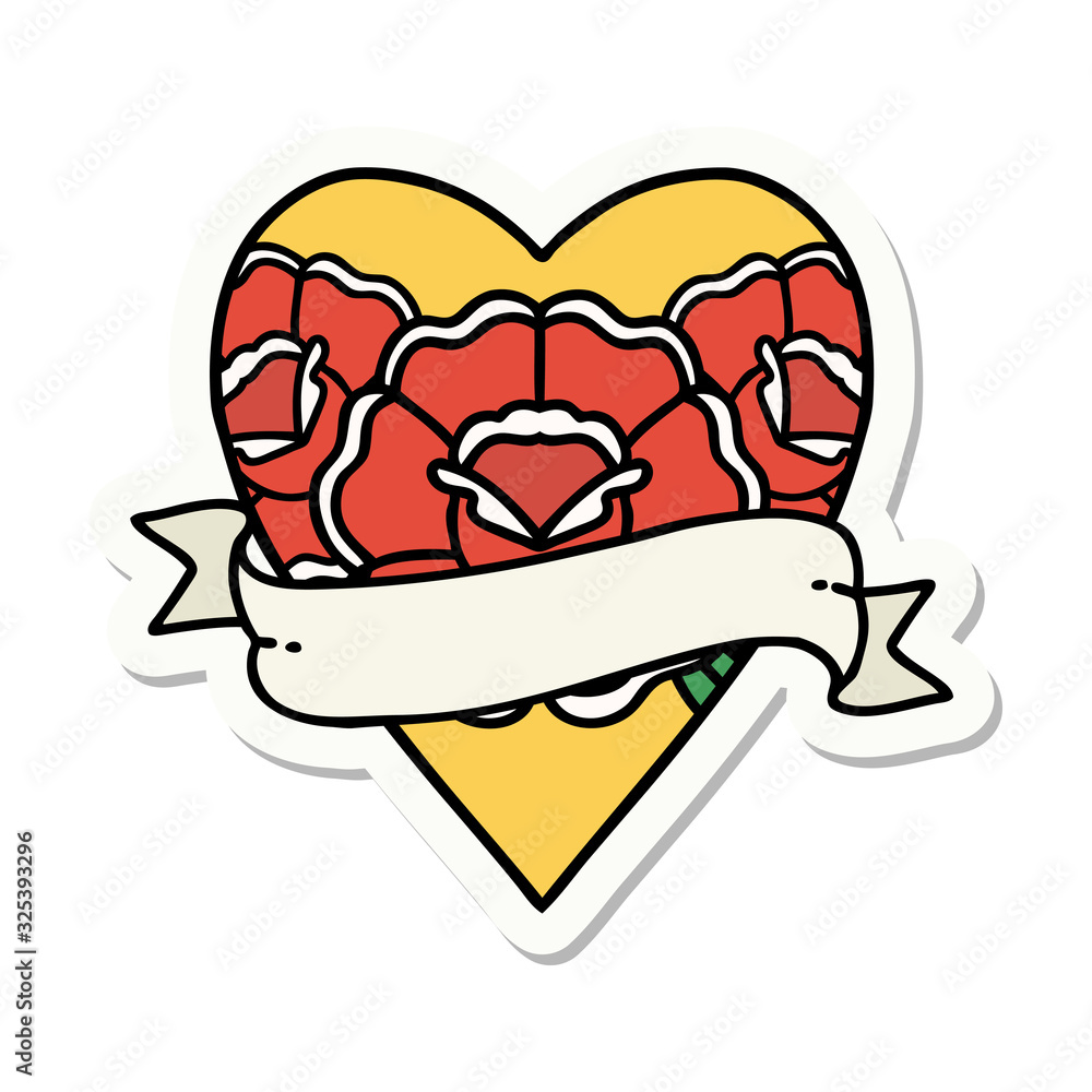 tattoo style sticker of a heart and banner with flowers tattoo style sticker of a heart and banner with flowers