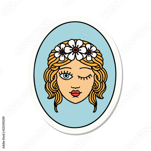 tattoo style sticker of a maiden with crown of flowers winking