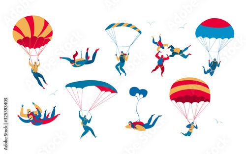 People skydiving and jumping with parachute, extreme sport set, isolated on white, vector illustration. Men and women with parachutes in the sky, active leisure and extreme sport skydiving hobby set photo