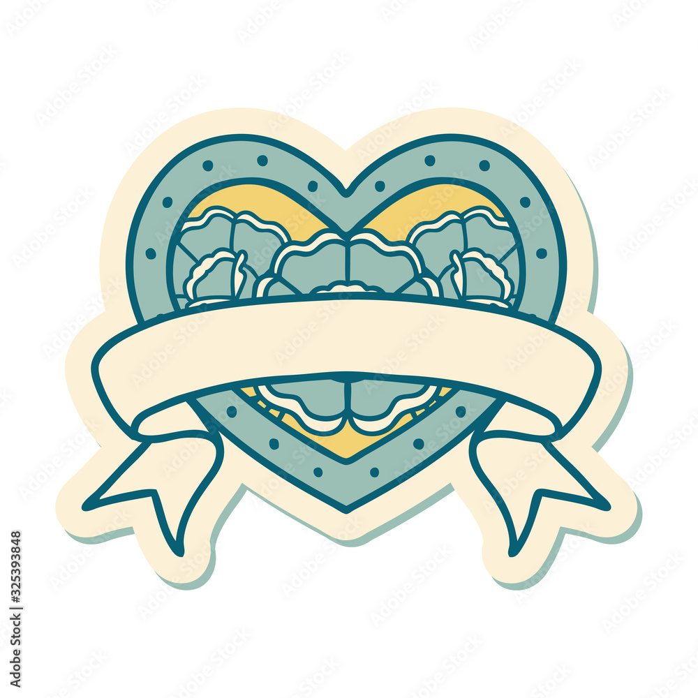 tattoo style sticker of a heart and banner with flowers tattoo style sticker of a heart and banner with flowers
