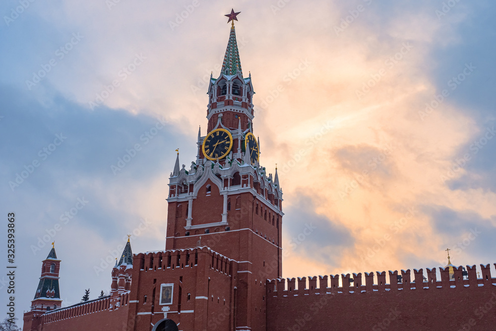 Moscow. Russia. Kremlin on a cloudy day. Spasskaya tower of the Kremlin. The clock tower and the star. Symbol of the Russian state. Architecture of Moscow. Travel to the capital of Russia. Moscow. Russia. Kremlin on a cloudy day. Spasskaya tower of the Kremlin. The clock tower and the star. Symbol of the Russian state. Architecture of Moscow. Travel to the capital of Russia.