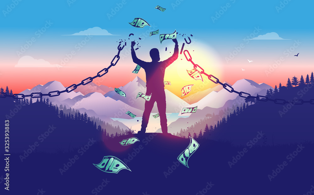 Vecteur Stock Break the chains to accomplish financial freedom. Man  breaking free in sunrise with money raining down, breaking chains, winner,  entrepreneur, powerful financial man concept. Vector illustration. | Adobe  Stock